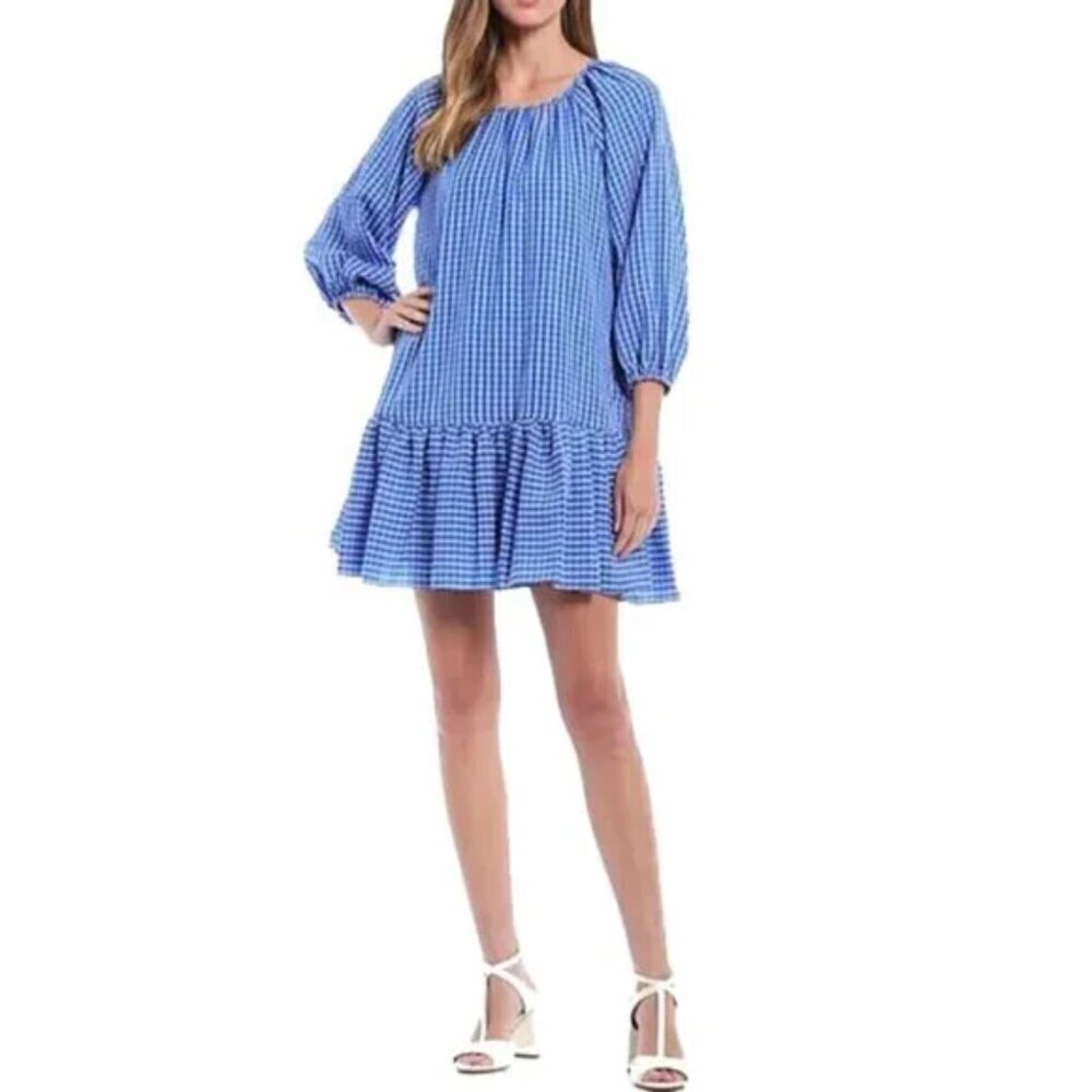 LDT Rachel Swing Dress Size 12 Blue Gingham Seersucker Preppy Mini Puff Sleeve